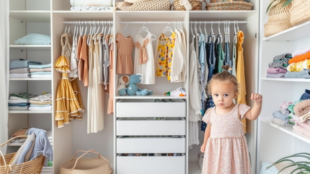 Photo a young girl stands in a room full of clothes including a pink dress