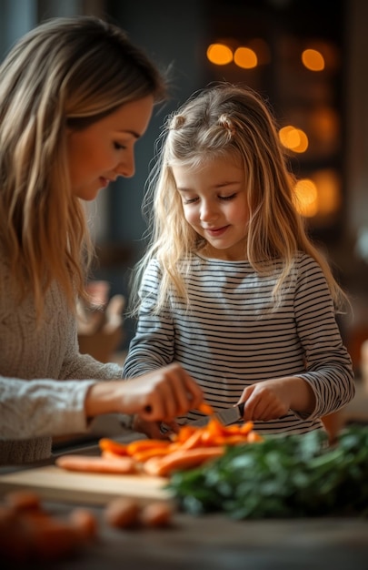 Photo young girl in striped shirt and mom cooking together at kitchen counter smiling joyfully