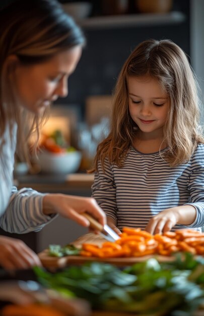 Photo young girl in striped shirt and mom cooking together at kitchen counter smiling joyfully