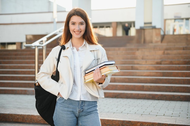 Young girl student smiling against university Cute girl student holds folders and notebooks in hands Learning education concept