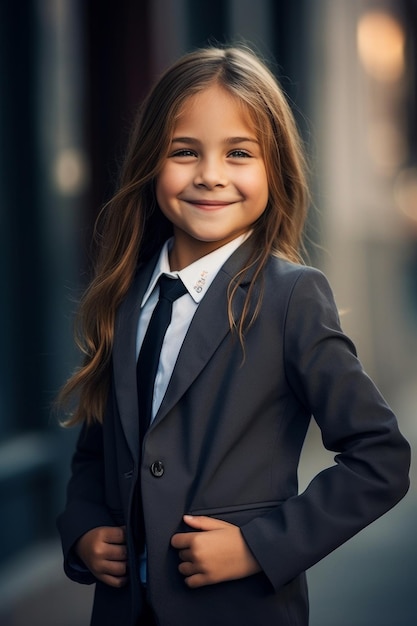 A young girl in a suit smiles for the camera.