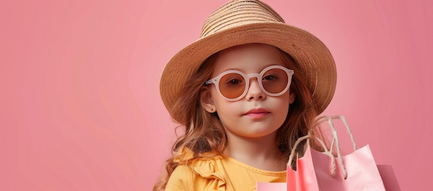 Young Girl in Sunglasses and Straw Hat Holds Shopping Bags