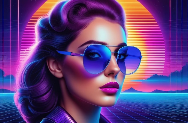 young girl in sunglasses at sunset with 80s retro vibe 3D virtual reality landscape in 1980s style