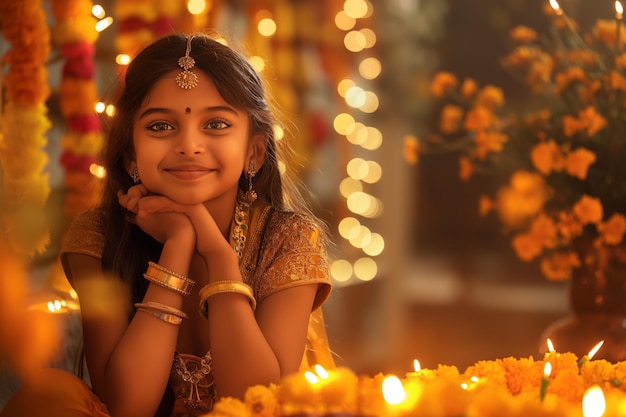 Young Girl Surrounded by Candles and Flowers Celebrating Hindu Festival with Joy