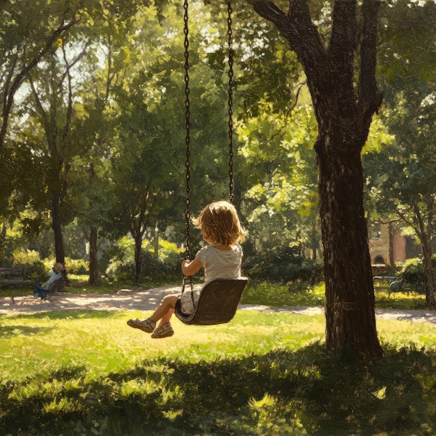 Photo young girl on a swing in a park with lush greenery