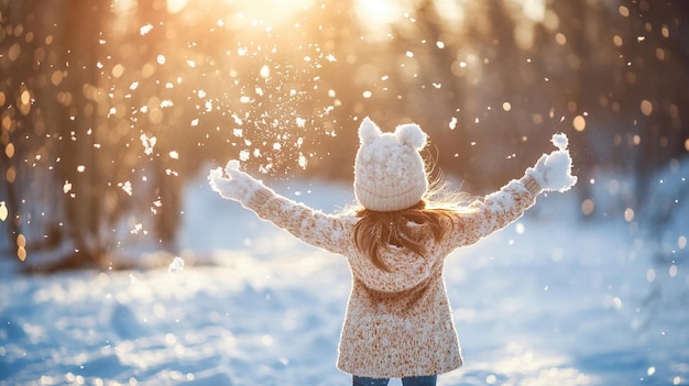 Young Girl Throwing Snow in the Air on Sunny Winter Day