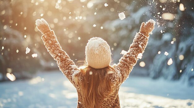 Young Girl Throwing Snow in the Air on Sunny Winter Day