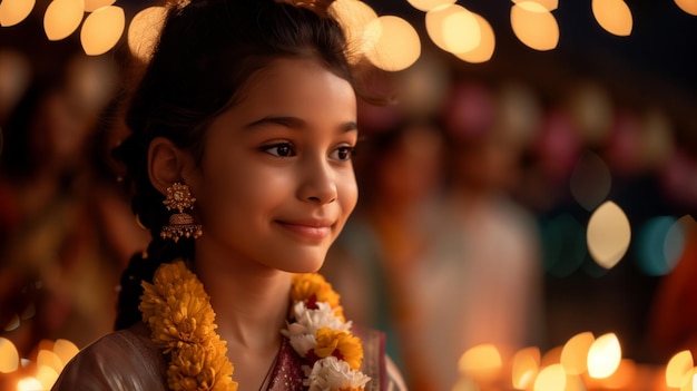 Photo a young girl in traditional indian attire smiles during a dussehra celebration