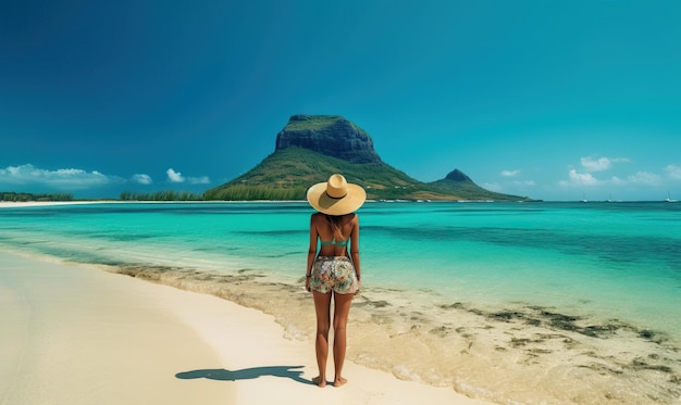 Young girl on tropical beach sunny vacation