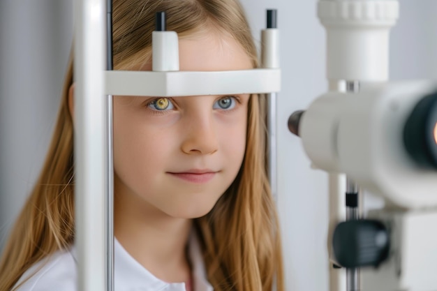 Photo young girl undergoing eye examination at optometrist