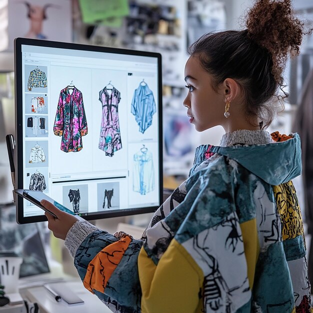 Photo young girl using tablet to design digital fashion