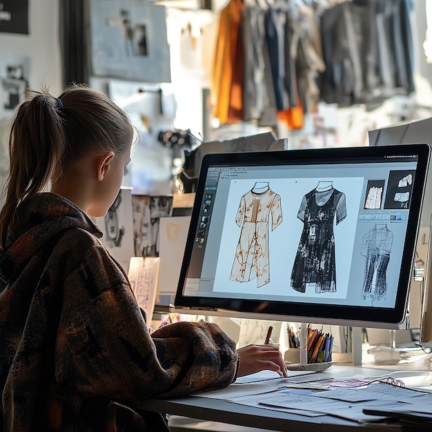 Photo young girl using tablet to design digital fashion