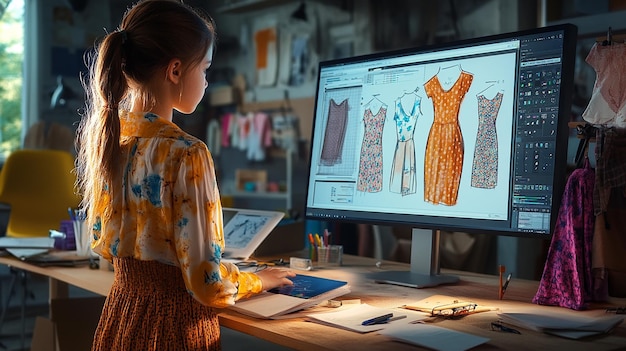 Photo young girl using tablet to design digital fashion