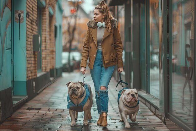 Photo young girl walking blue french bulldogs