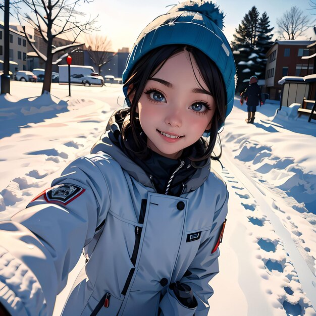 young girl walking in winter street