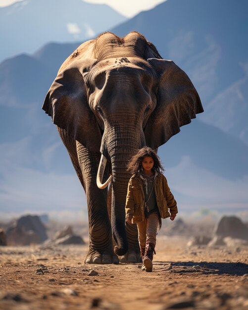 a young girl walks next to an elephant with a mountain in the background