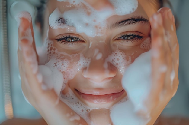 A young girl washing her face with foam facial wash