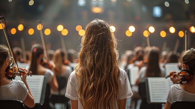 Photo young girl watching orchestra performance