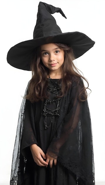 a young girl wearing a black hat and a black dress with a long fringe