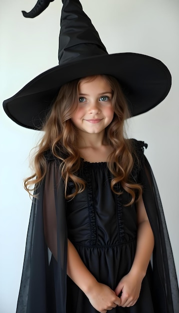 a young girl wearing a black hat with a black cape on it