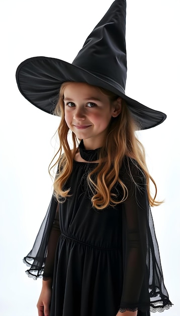 a young girl wearing a black hat with a black hat on it