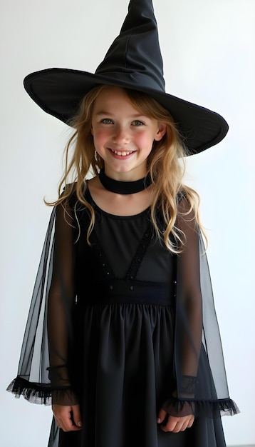 a young girl wearing a black witch hat with a black ribbon around her neck