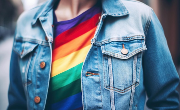 A young girl wearing a blue denim jacket and a rainbow tshirt AI generative