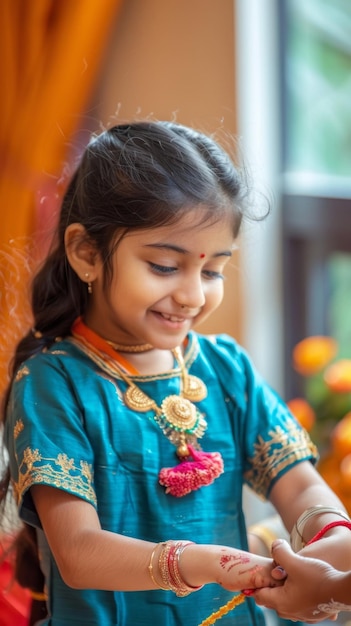 A young girl wearing a blue dress and a gold necklace is smiling