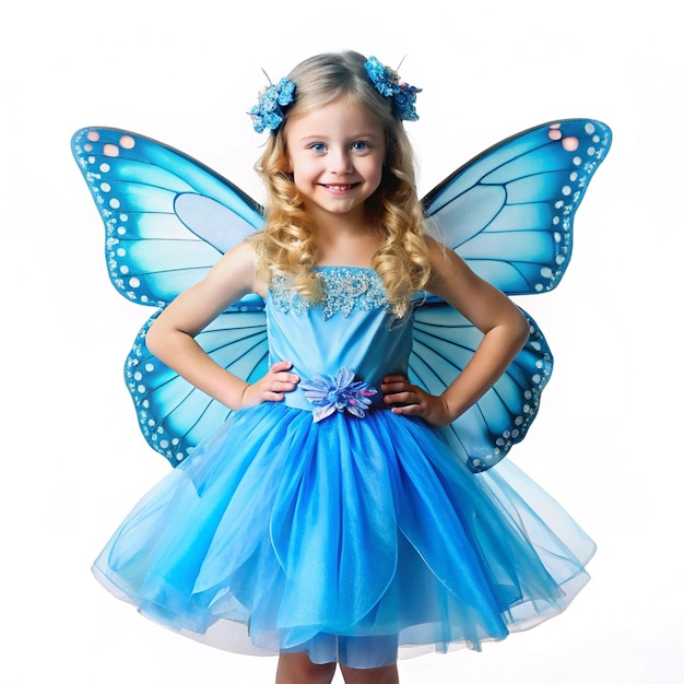 Photo a young girl wearing a blue fairy costume with a blue butterfly on her shoulder