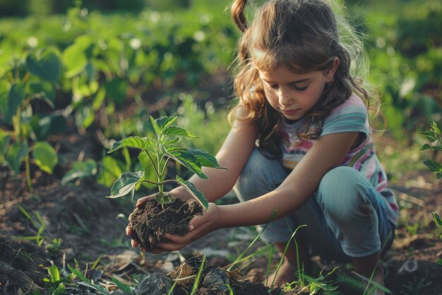 Photo a young girl wearing blue jeans and a colorful shirt carefully plants a small sapling in a garden