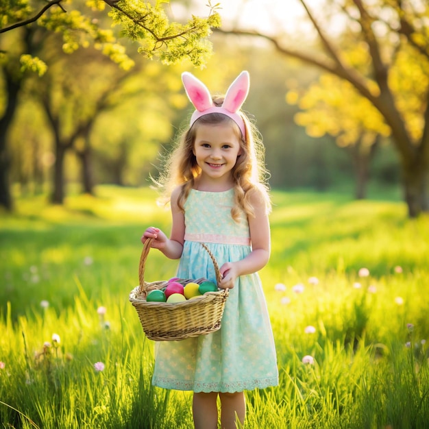 A young girl wearing a bunny hat is standing in a field holding a basket full of eggs