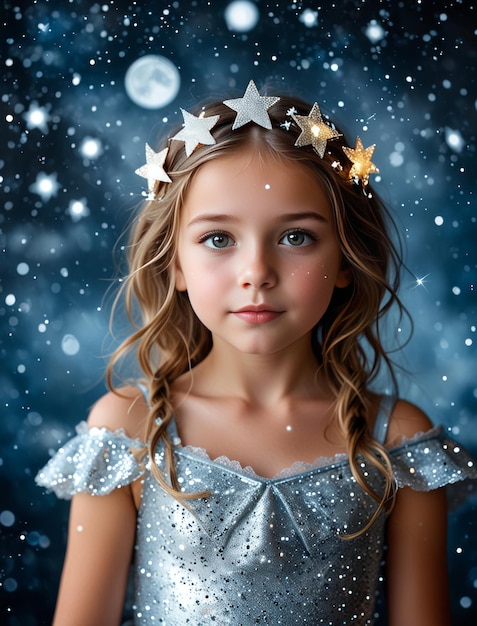 a young girl wearing a dress with stars on it