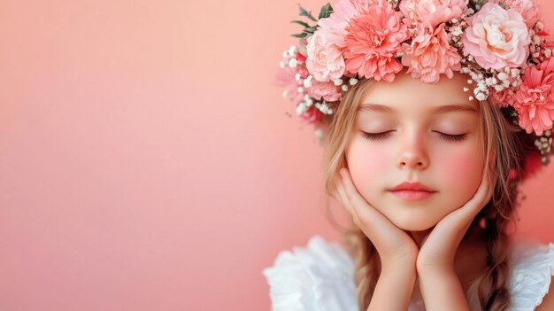 Photo a young girl wearing a floral crown with her eyes closed in a peaceful expression against a soft pink background