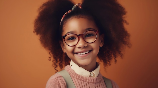 A young girl wearing glasses and a pink sweater smiles for the camera.