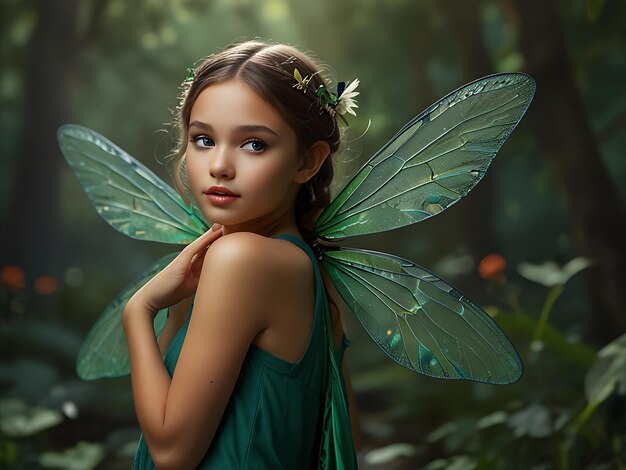 A young girl wearing a green fairy costume with a green fairy on her head