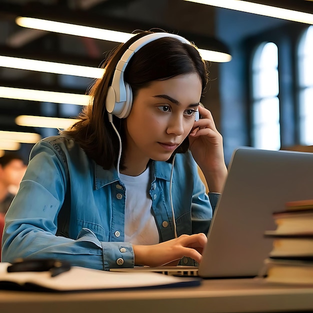 A young girl wearing headphones is sitting at a desk in modern library and writing in a notebook reading book