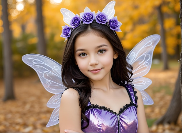 a young girl wearing a purple fairy costume with purple flowers on her head