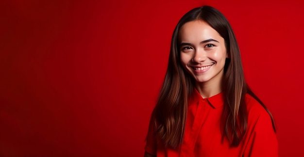 Young girl wearing red shirt standing against red background for happy new year valentine's day