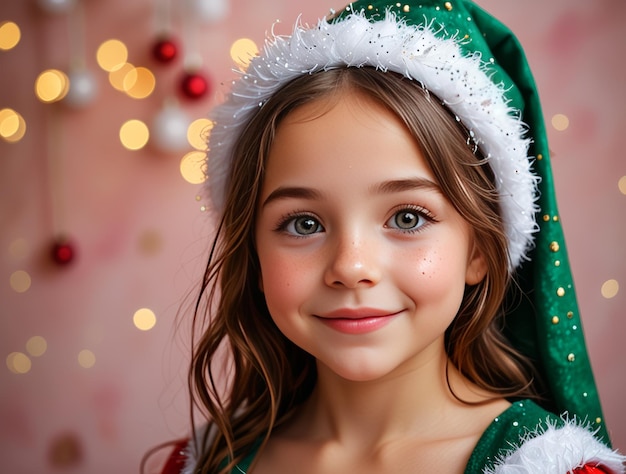 a young girl wearing a santa hat is wearing a green christmas hat