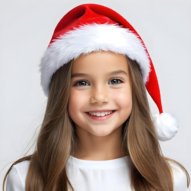 a young girl wearing a santa hat with a santa hat on