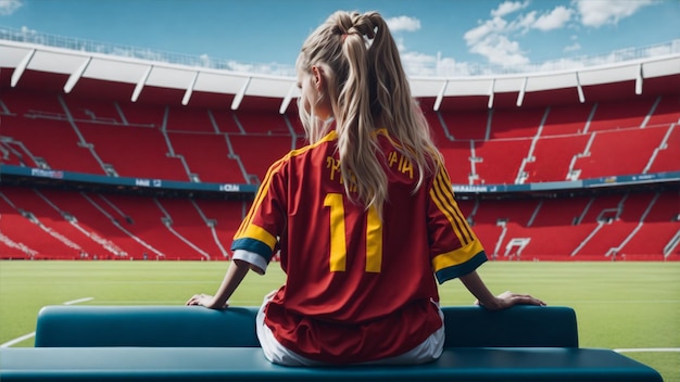 Young girl wearing Spain jersey and watching pratice at empty stadium