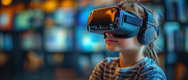 Young Girl Wearing Virtual Reality Headset and Headphones