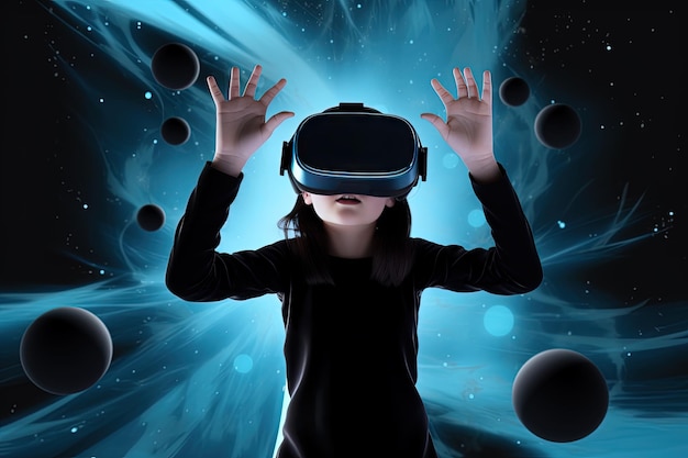 a young girl wearing a virtual reality headset in the style of blue and black