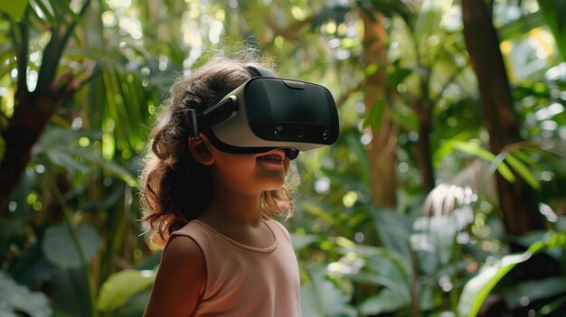 Photo young girl wearing a vr headset in a lush forest