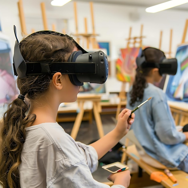 Photo young girl wearing vr headset paints in art class