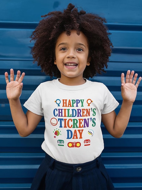 a young girl wearing a white shirt that says happy childrens childrens day