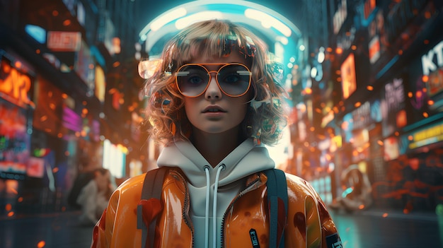 a young girl wears sunglasses in front of futuristic streets