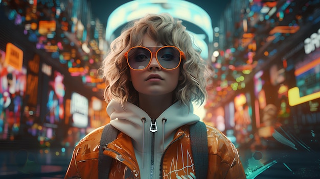 a young girl wears sunglasses in front of futuristic streets