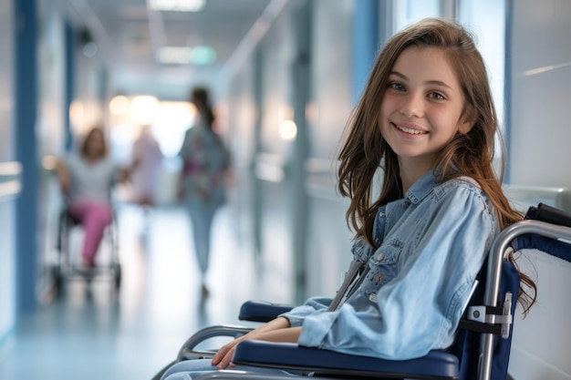 Young Girl in Wheelchair in Hospital Hallway