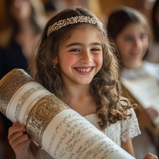 Photo a young girl in a white dress smiles as she holds a scroll